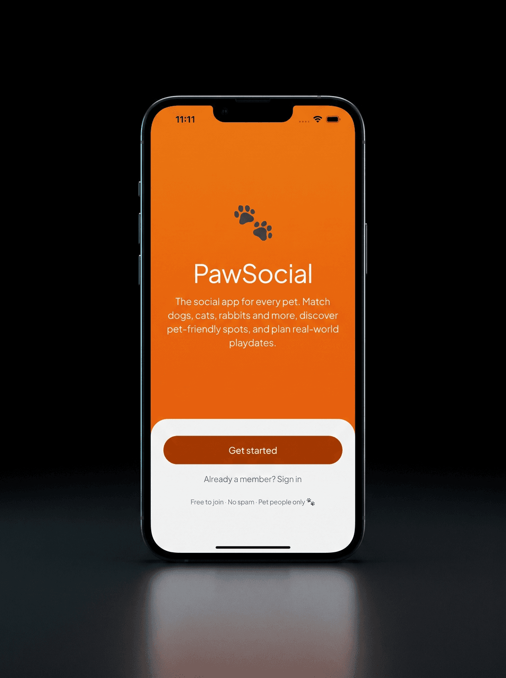 PawSocial's real welcome screen on an iPhone — orange field, paw prints, and the tagline: the social app for every pet